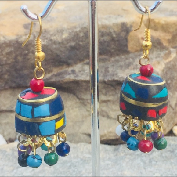 Brass & Stone Lotus Dangle Drop Earrings India - Picture 2 of 8